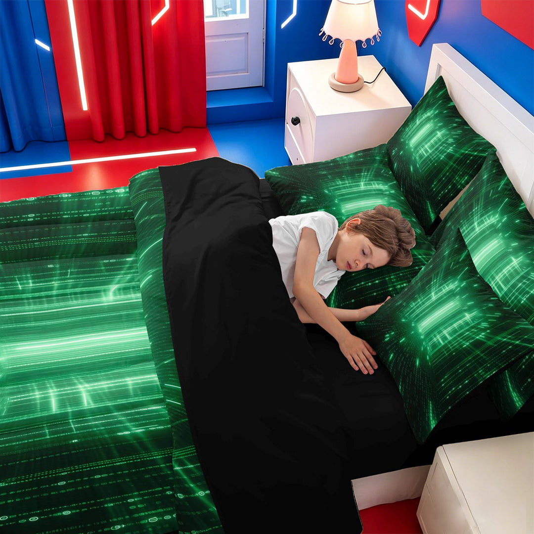 meiyoeat Modern Neon Geometric 7 Pieces Full Size Bedding Sets For Kids,Green Plaid Buffalo Full Size Bed in a Bag For Boys,Black Reversible