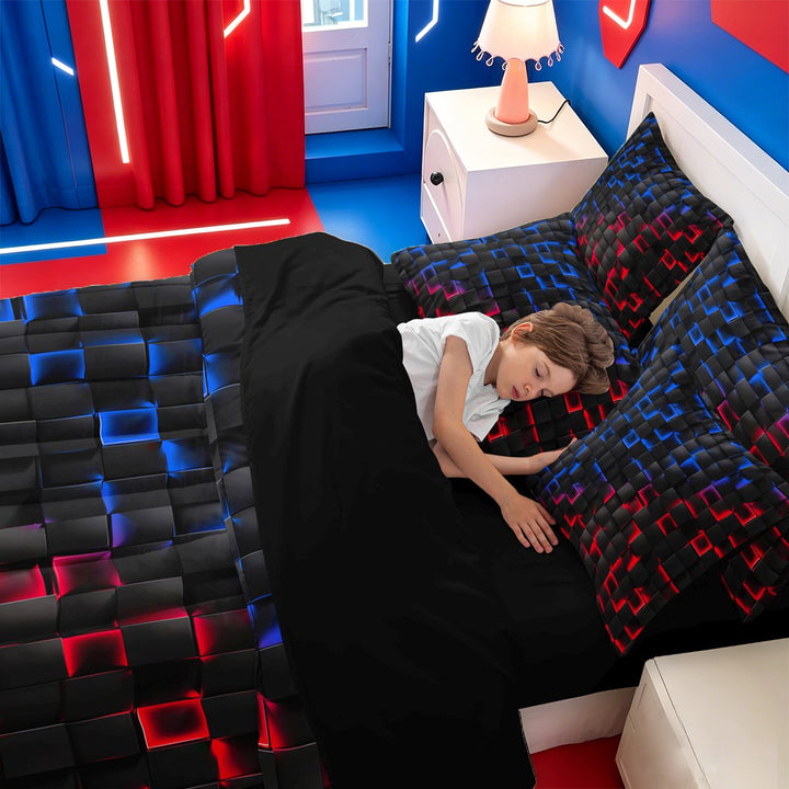 meiyoeat Geometric Abstract Art 7 Pieces Full Size Bedding Sets For Boys,Modern Plaid Full Size Bed in a Bag For Kids,Black Reversible