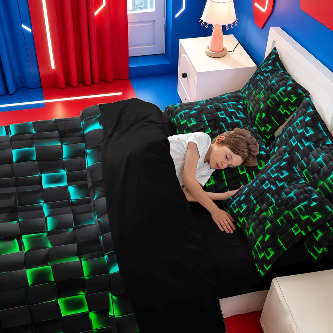 meiyoeat Classic Geometric Checkered 7 Pieces Full Size Bedding Sets For Kids,Gradient Neon Blue Green Full Size Bed in a Bag For Boys,Black Reversible