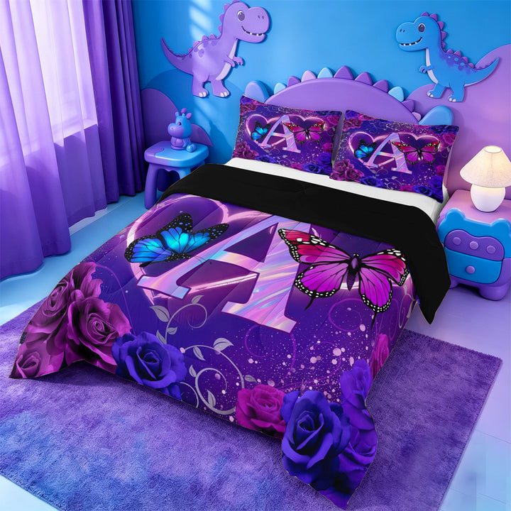 meiyoeat Purple Butterfly Rose Monogram A Full Size Comforter Sets,Neon Heart Initial Bedding Comforter Set For Girl,Black Reversible,3 Pieces,1 Comforter and 2 Pillowcases