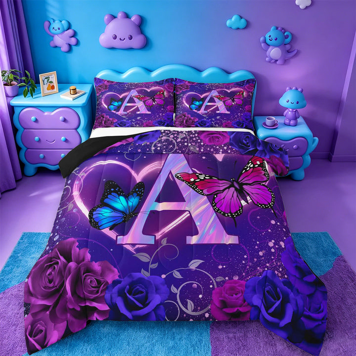 meiyoeat Purple Butterfly Rose Monogram A Full Size Comforter Sets,Neon Heart Initial Bedding Comforter Set For Girl,Black Reversible,3 Pieces,1 Comforter and 2 Pillowcases