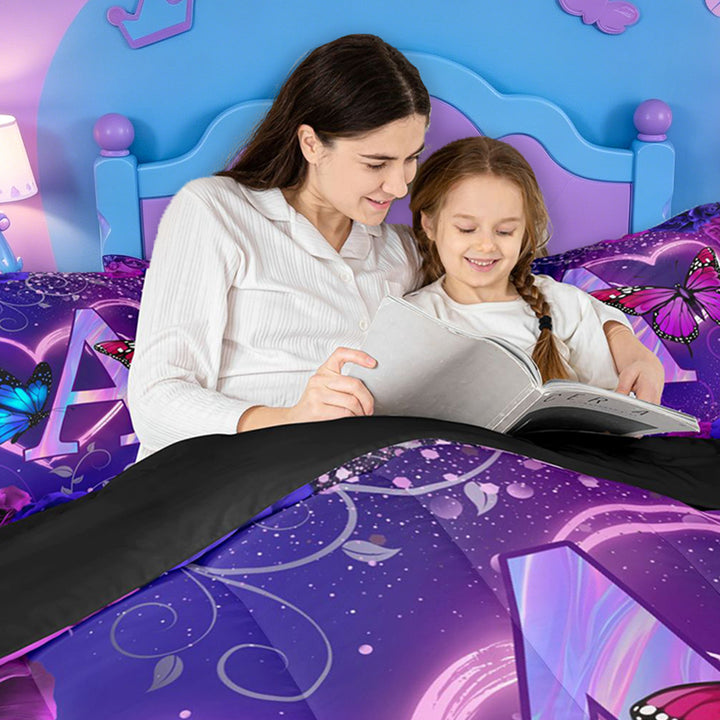 meiyoeat Purple Butterfly Rose Monogram A Full Size Comforter Sets,Neon Heart Initial Bedding Comforter Set For Girl,Black Reversible,3 Pieces,1 Comforter and 2 Pillowcases