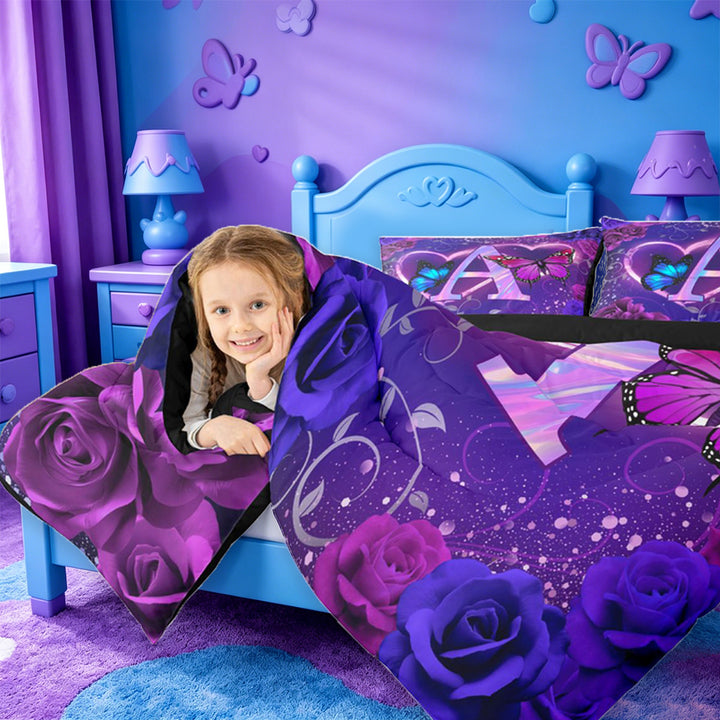 meiyoeat Purple Butterfly Rose Monogram A Full Size Comforter Sets,Neon Heart Initial Bedding Comforter Set For Girl,Black Reversible,3 Pieces,1 Comforter and 2 Pillowcases
