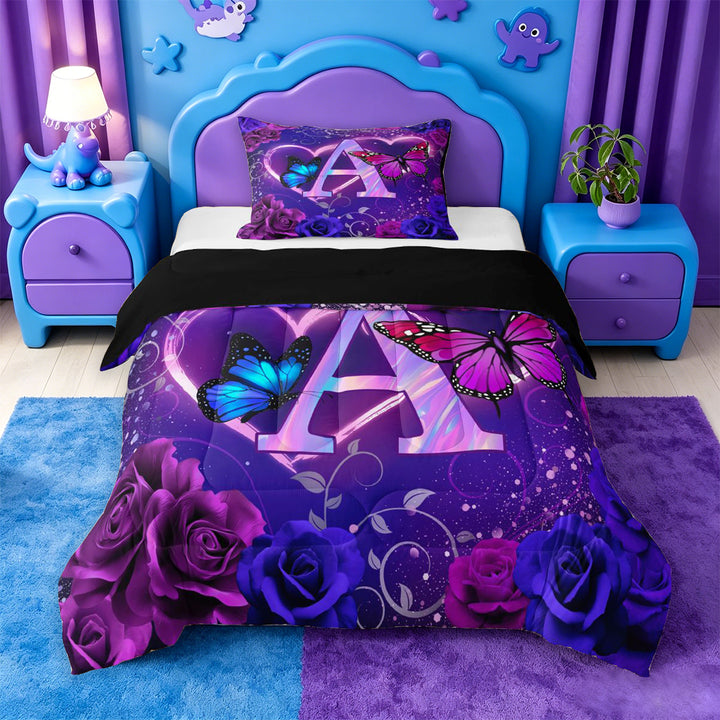 meiyoeat Purple Butterfly Rose Monogram A Full Size Comforter Sets,Neon Heart Initial Bedding Comforter Set For Girl,Black Reversible,3 Pieces,1 Comforter and 2 Pillowcases