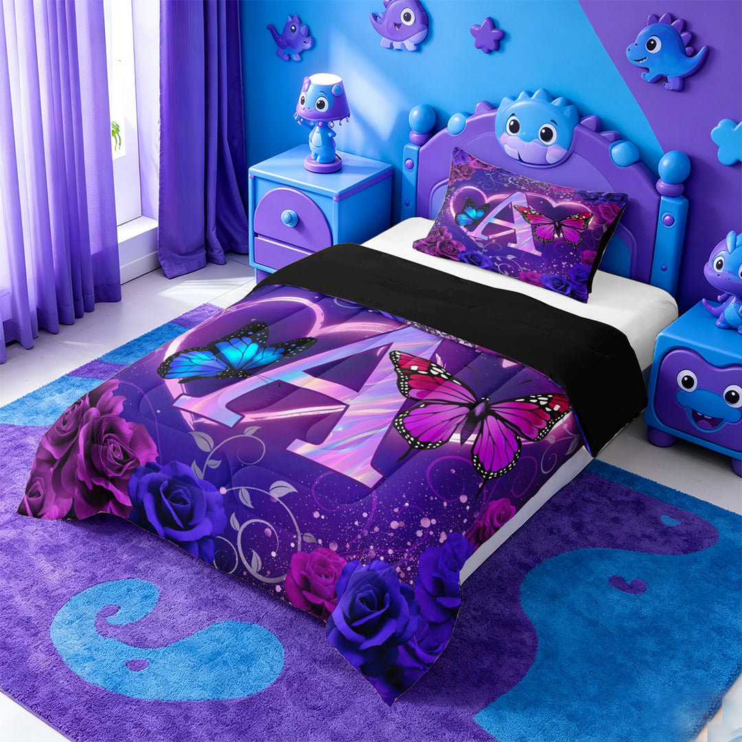 meiyoeat Purple Butterfly Rose Monogram A Full Size Comforter Sets,Neon Heart Initial Bedding Comforter Set For Girl,Black Reversible,3 Pieces,1 Comforter and 2 Pillowcases
