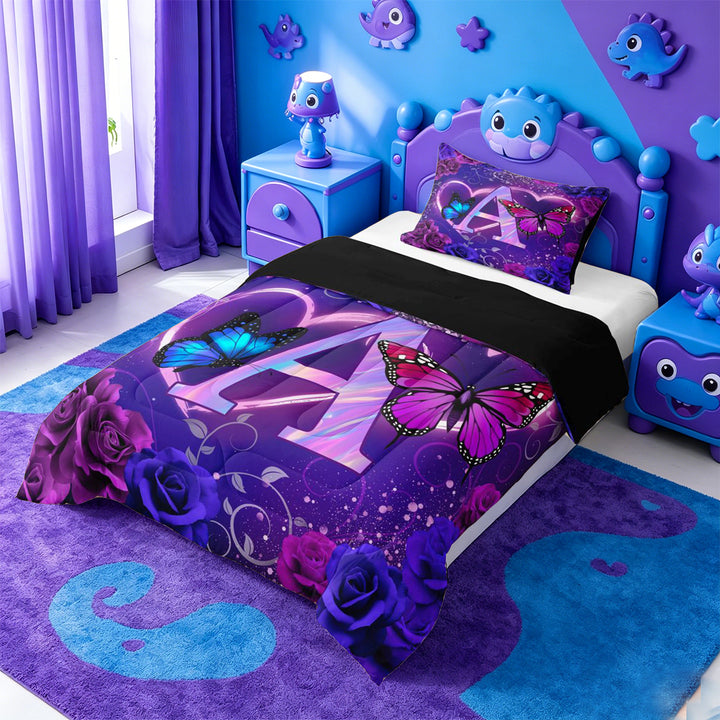 meiyoeat Purple Butterfly Rose Monogram A Full Size Comforter Sets,Neon Heart Initial Bedding Comforter Set For Girl,Black Reversible,3 Pieces,1 Comforter and 2 Pillowcases