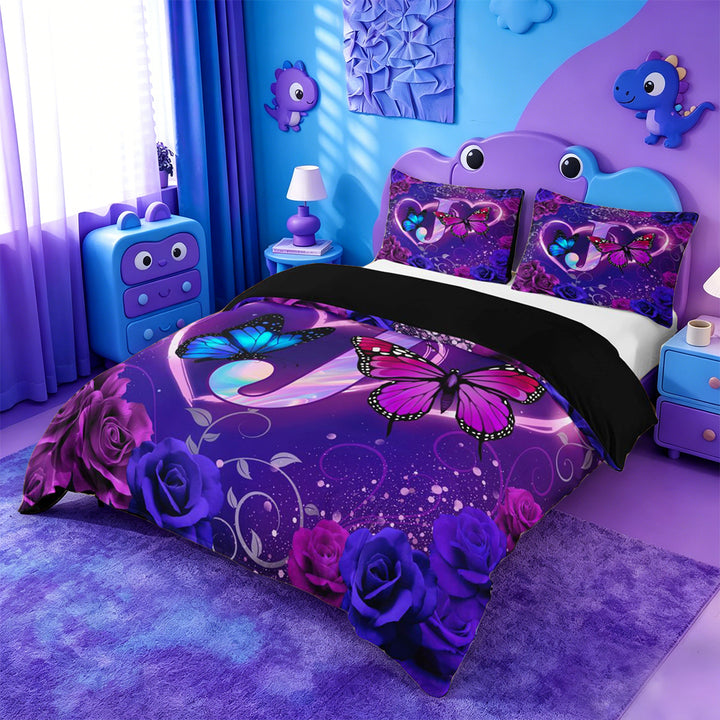 meiyoeat Butterfly Theme Monogram J Bedding,Purple Neon Initial Art Duvet Cover Full For Girl,Black Reversible,3 Pieces,1 Duvet Cover and 2 Pillowcases