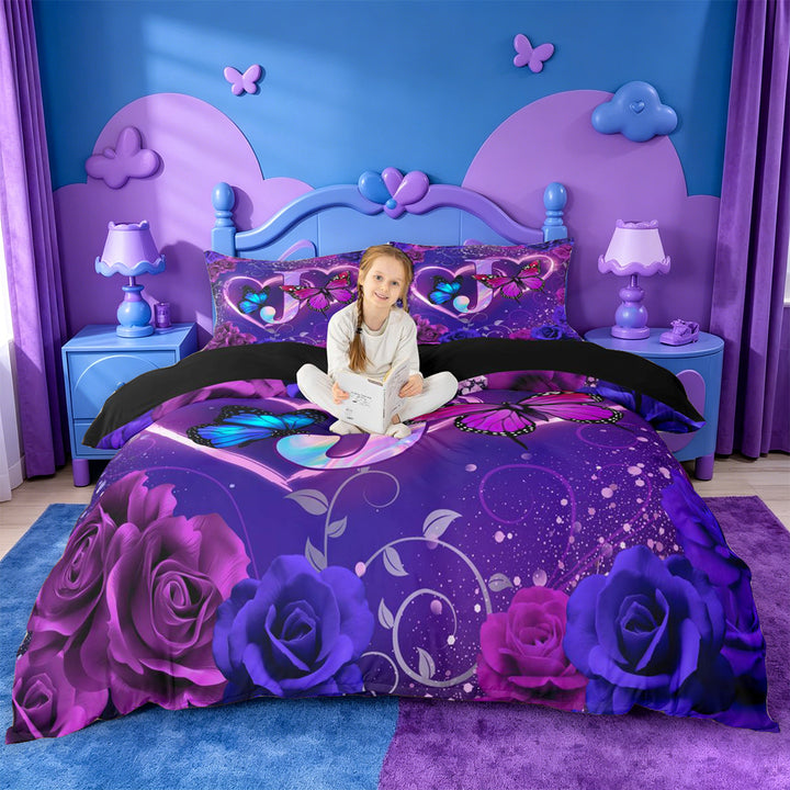 meiyoeat Butterfly Theme Monogram J Bedding,Purple Neon Initial Art Duvet Cover Full For Girl,Black Reversible,3 Pieces,1 Duvet Cover and 2 Pillowcases
