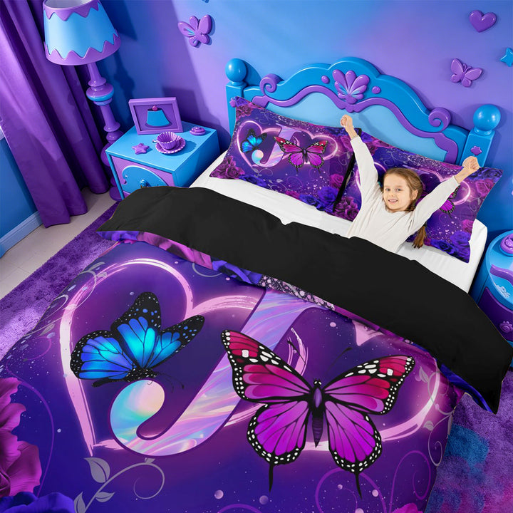 meiyoeat Butterfly Theme Monogram J Bedding,Purple Neon Initial Art Duvet Cover Full For Girl,Black Reversible,3 Pieces,1 Duvet Cover and 2 Pillowcases