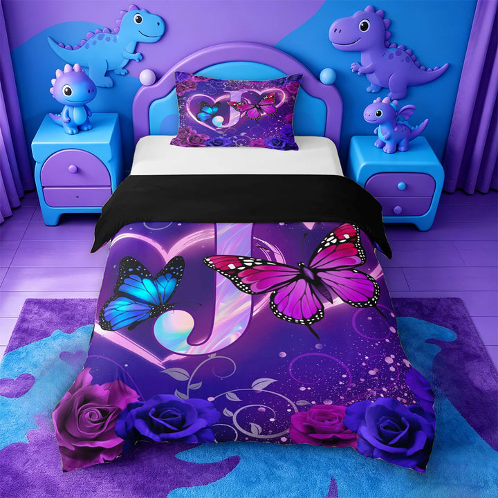 meiyoeat Butterfly Theme Monogram J Bedding,Purple Neon Initial Art Duvet Cover Full For Girl,Black Reversible,3 Pieces,1 Duvet Cover and 2 Pillowcases