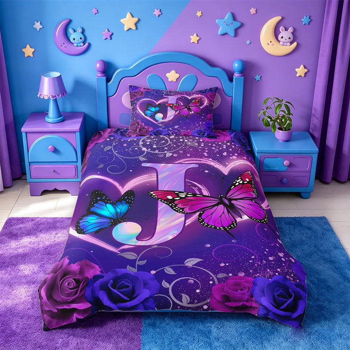 meiyoeat Butterfly Theme Monogram J Bedding,Purple Neon Initial Art Duvet Cover Full For Girl,Black Reversible,3 Pieces,1 Duvet Cover and 2 Pillowcases