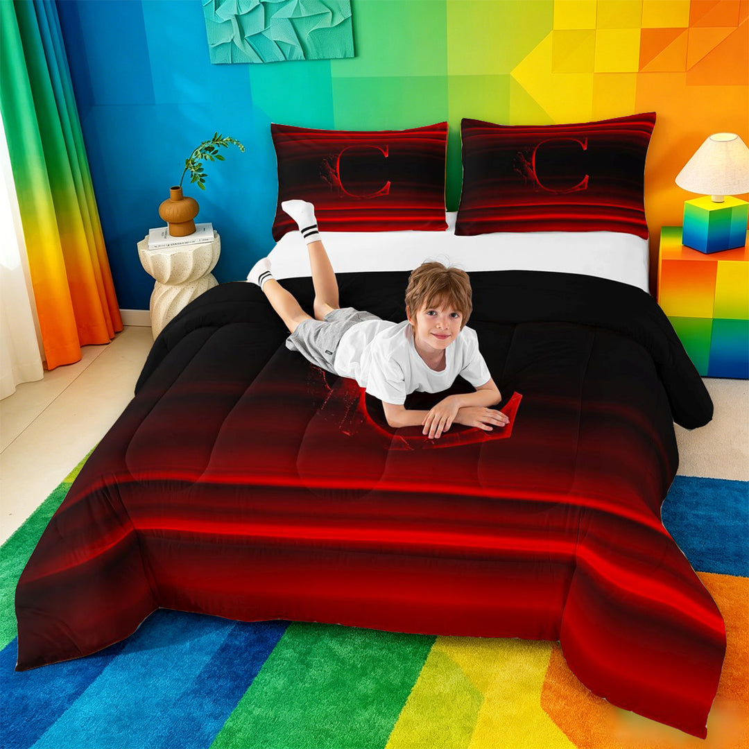 meiyoeat modern Letter Design Full Size Comforter Sets,Black Red Initial C Bedding Comforter Set,Black Reversible,3-Piece,1 Comforter and 2 Pillowcases