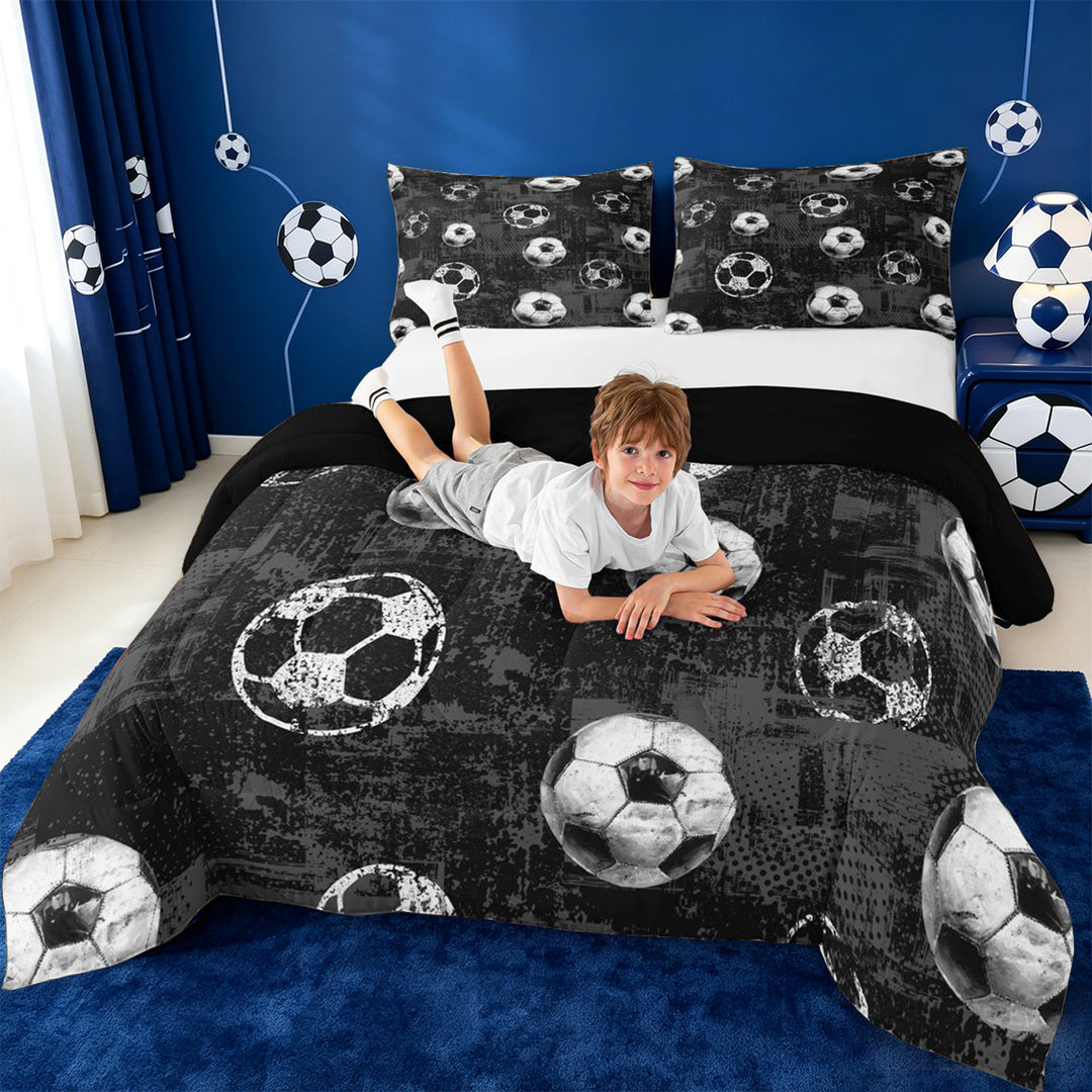 meiyoeat Vintage Graffiti Football Pattern Full Size Comforter Sets For Kids,Boys Ball Games Bedding Comforter Set For Soccer Lovers,Black Reversible,3-Piece