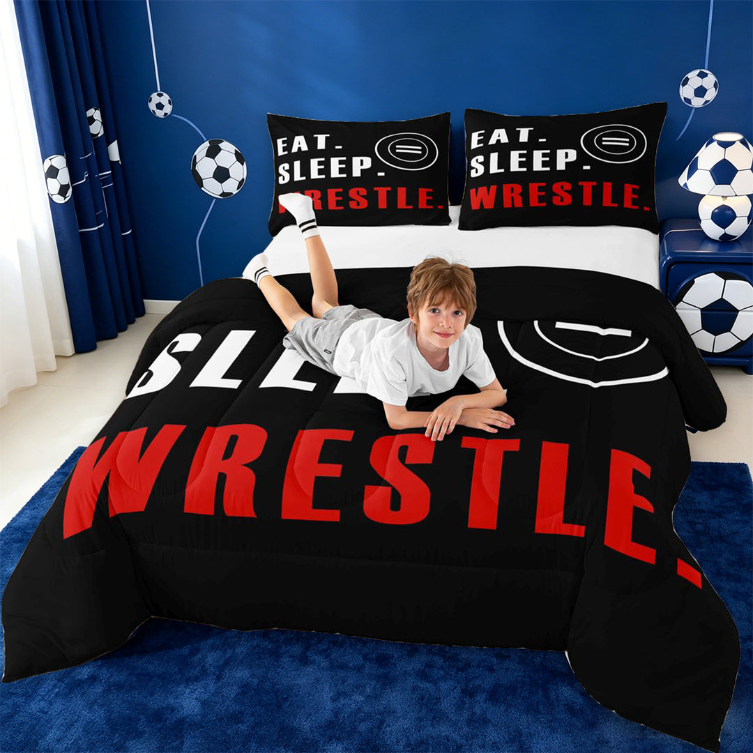 meiyoeat Wrestle Sport Full Size Comforter Sets For Boys,Modern Minimalist Style Bedding Comforter Set For Kids,Black Reversible,3 Pieces