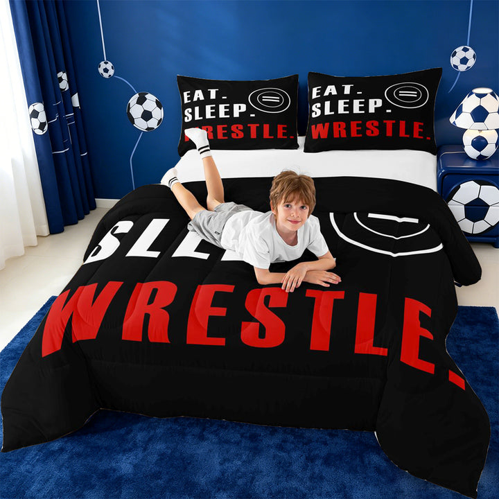 meiyoeat Wrestle Sport Full Size Comforter Sets For Boys,Modern Minimalist Style Bedding Comforter Set For Kids,Black Reversible,3 Pieces