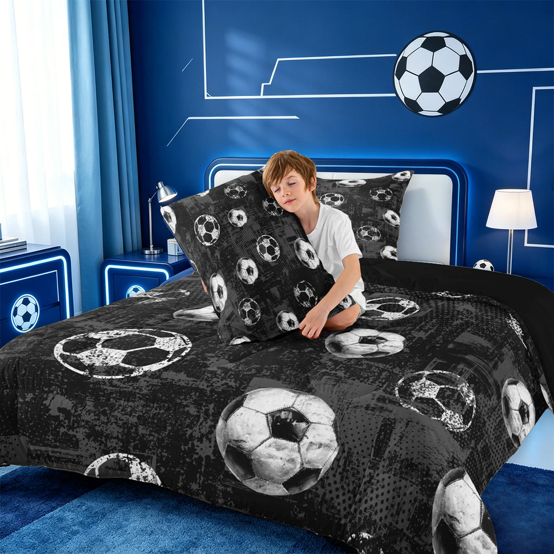 meiyoeat Vintage Graffiti Football Pattern Full Size Comforter Sets For Kids,Boys Ball Games Bedding Comforter Set For Soccer Lovers,Black Reversible,3-Piece