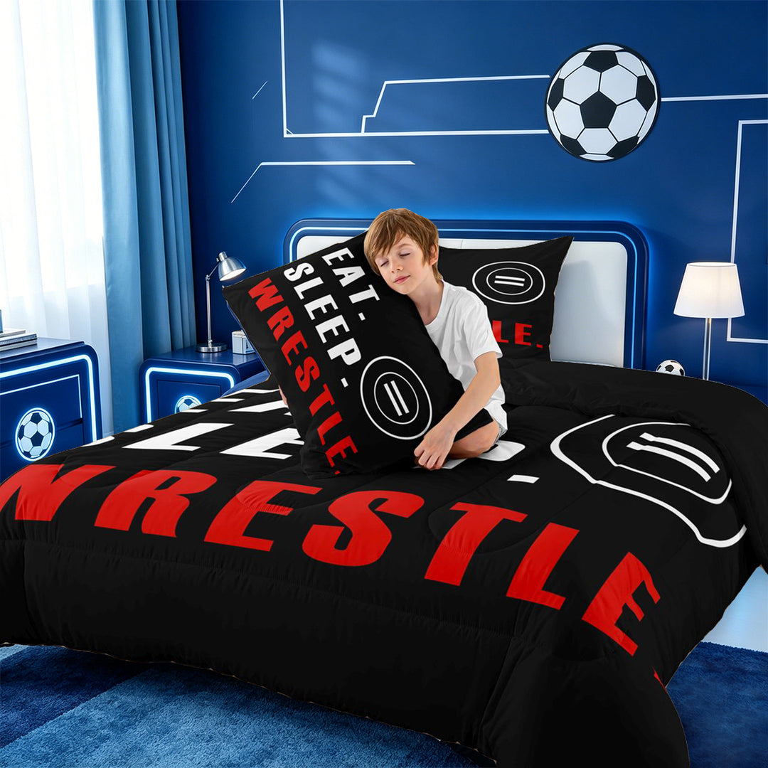 meiyoeat Wrestle Sport Full Size Comforter Sets For Boys,Modern Minimalist Style Bedding Comforter Set For Kids,Black Reversible,3 Pieces