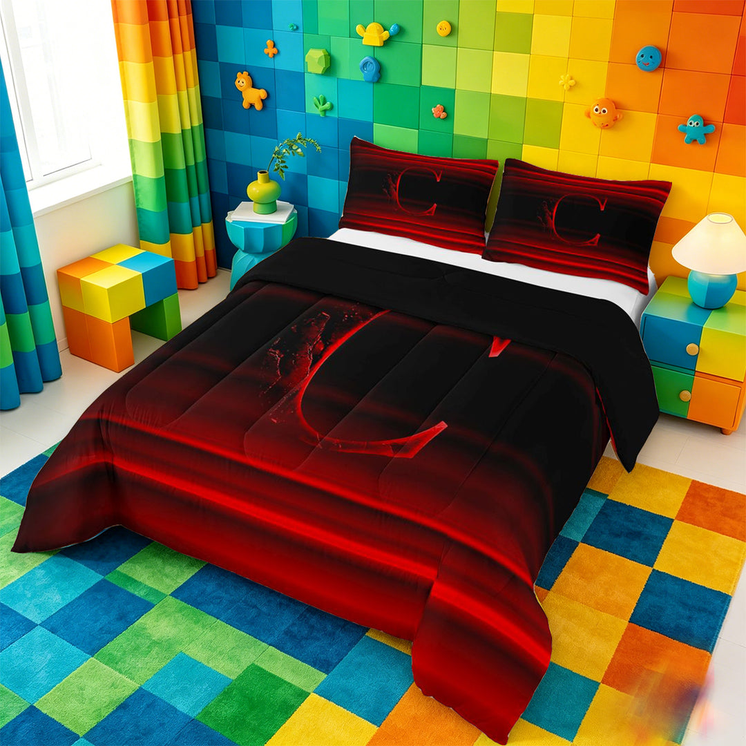 meiyoeat modern Letter Design Full Size Comforter Sets,Black Red Initial C Bedding Comforter Set,Black Reversible,3-Piece,1 Comforter and 2 Pillowcases