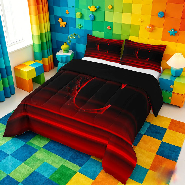 meiyoeat modern Letter Design Full Size Comforter Sets,Black Red Initial C Bedding Comforter Set,Black Reversible,3-Piece,1 Comforter and 2 Pillowcases