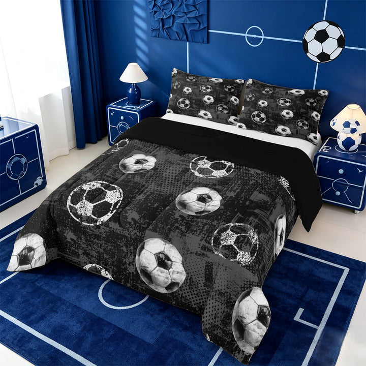 meiyoeat Vintage Graffiti Football Pattern Full Size Comforter Sets For Kids,Boys Ball Games Bedding Comforter Set For Soccer Lovers,Black Reversible,3-Piece