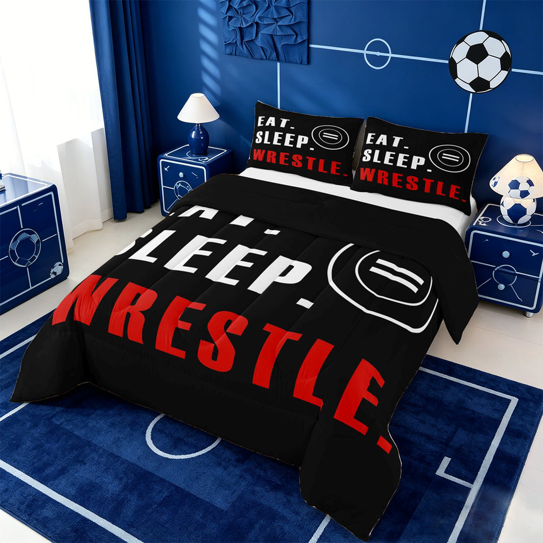 meiyoeat Wrestle Sport Full Size Comforter Sets For Boys,Modern Minimalist Style Bedding Comforter Set For Kids,Black Reversible,3 Pieces