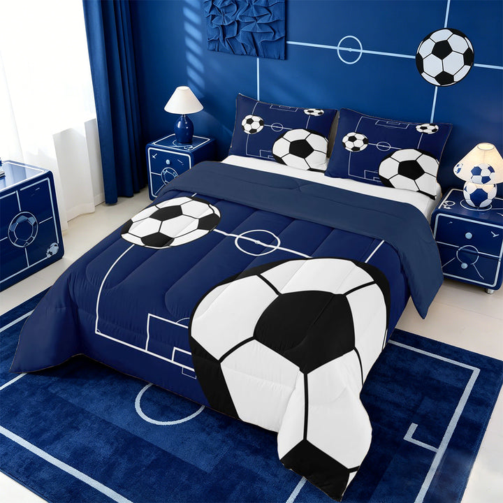 meiyoeat Football Ball Games Full Size Comforter Sets For Boys,Soccer Sport Theme Bedding Comforter Set For Kids,Navy Blue Reversible,3pcs