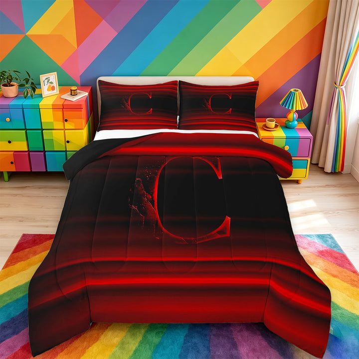 meiyoeat modern Letter Design Full Size Comforter Sets,Black Red Initial C Bedding Comforter Set,Black Reversible,3-Piece,1 Comforter and 2 Pillowcases
