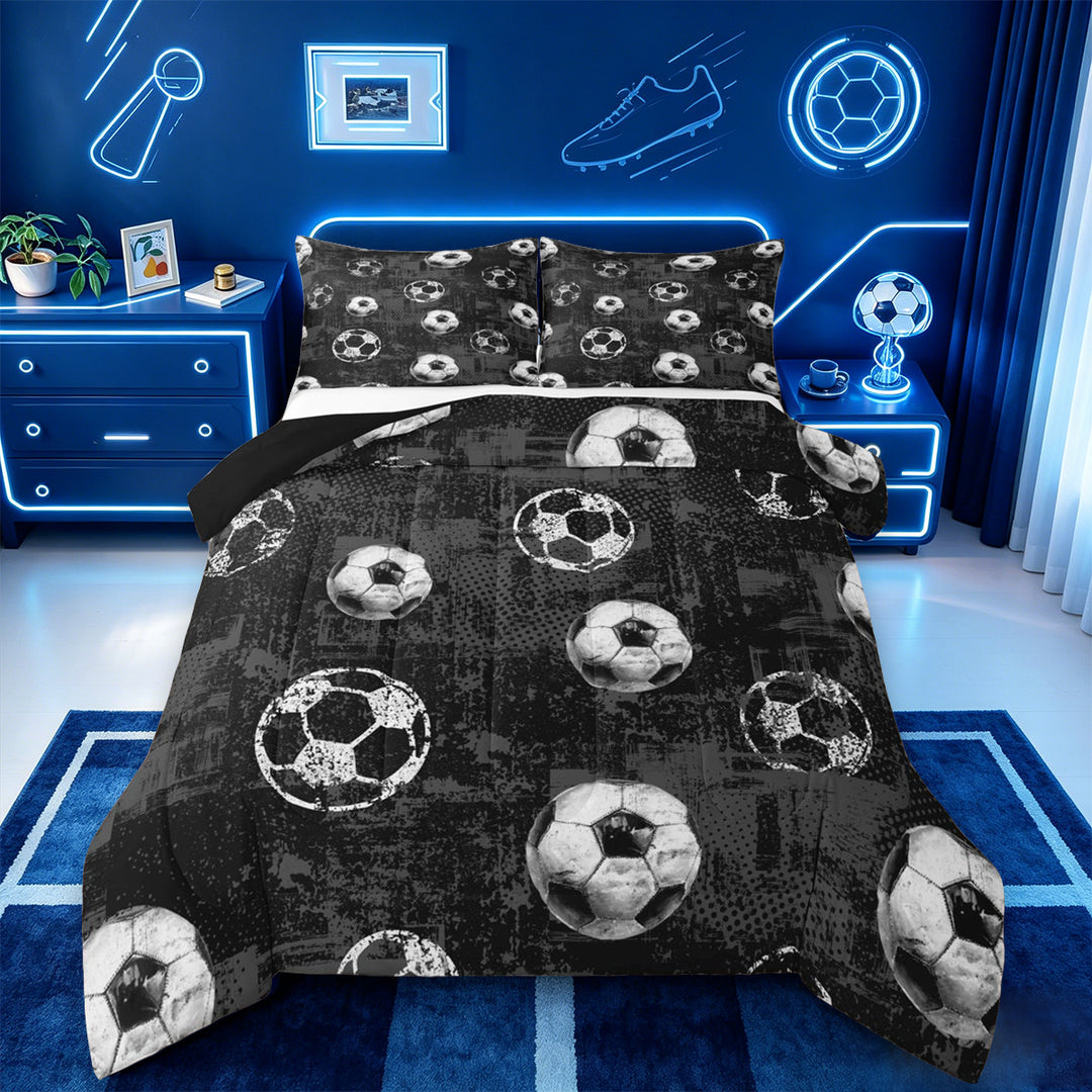 meiyoeat Vintage Graffiti Football Pattern Full Size Comforter Sets For Kids,Boys Ball Games Bedding Comforter Set For Soccer Lovers,Black Reversible,3-Piece