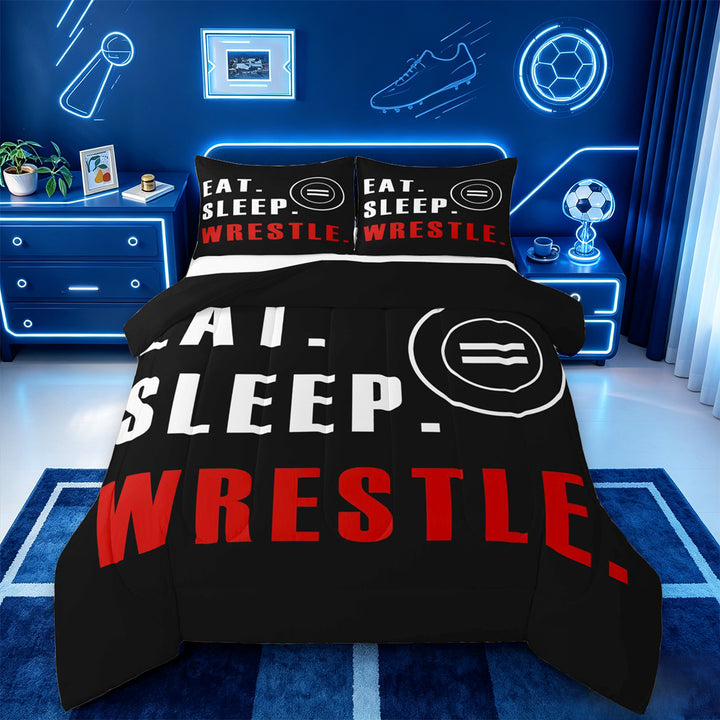 meiyoeat Wrestle Sport Full Size Comforter Sets For Boys,Modern Minimalist Style Bedding Comforter Set For Kids,Black Reversible,3 Pieces
