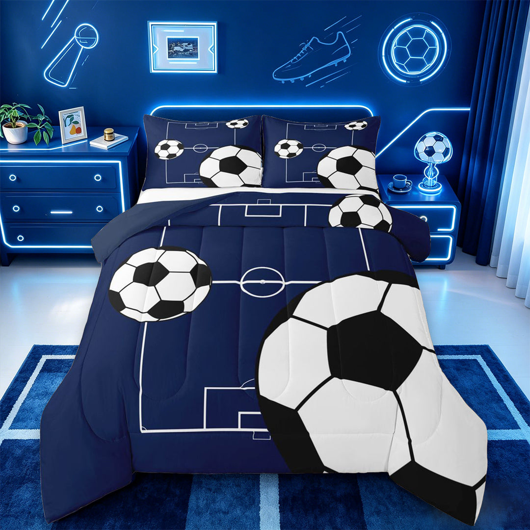 meiyoeat Football Ball Games Full Size Comforter Sets For Boys,Soccer Sport Theme Bedding Comforter Set For Kids,Navy Blue Reversible,3pcs