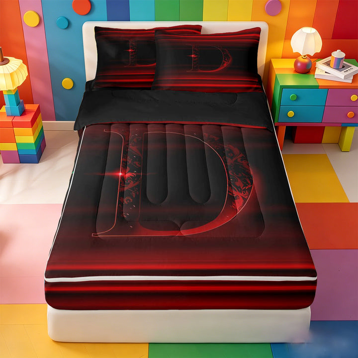meiyoeat initial Ombre Art Zipper Full Size Comforter Sets with Fitted Sheet and 2 Pillowcases,Dark Monogram D Zipper Bedding Set,Black Reversible,4-Piece