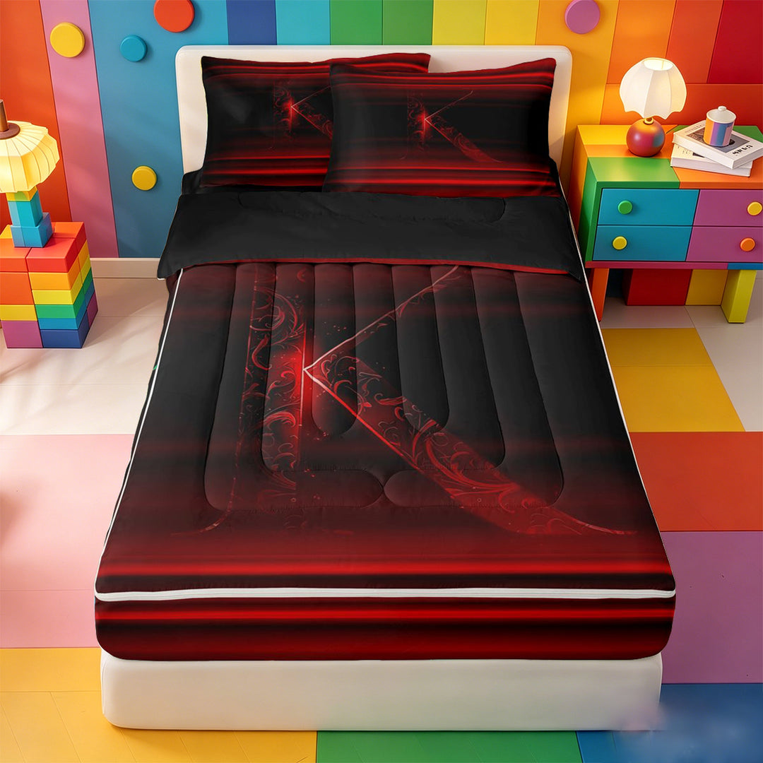 meiyoeat red Black Light Ombre Zipper Full Size Comforter Sets with Fitted Sheet and 2 Pillowcases,Personalized Monogram K Zipper Bedding Set,Black Reversible,4 Pieces