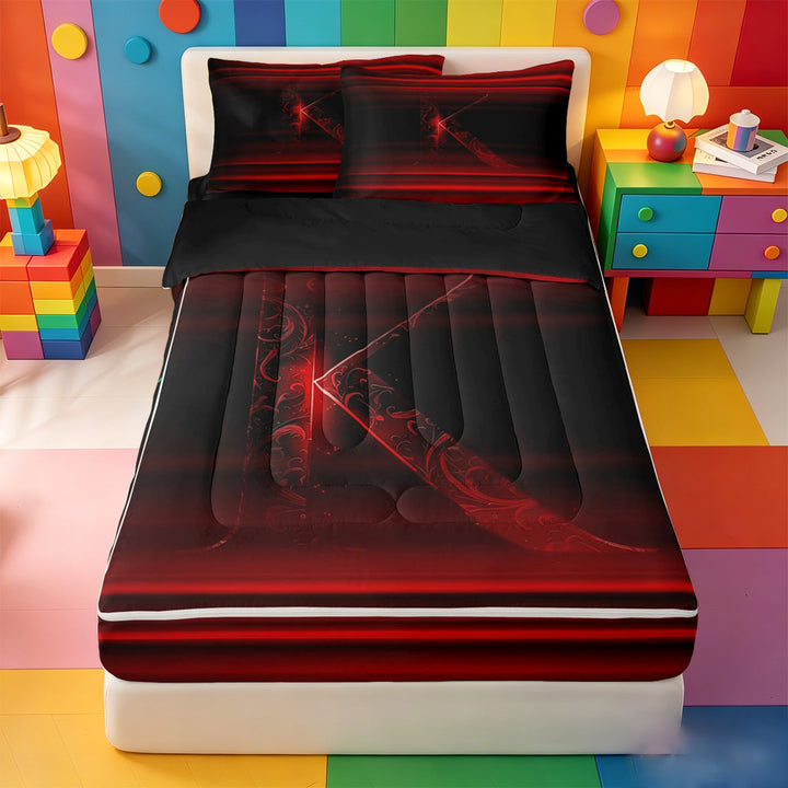 meiyoeat red Black Light Ombre Zipper Full Size Comforter Sets with Fitted Sheet and 2 Pillowcases,Personalized Monogram K Zipper Bedding Set,Black Reversible,4 Pieces