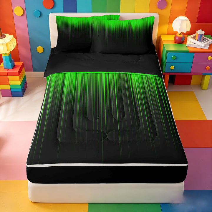 meiyoeat line Geometric Print Zipper Full Size Comforter Sets with Fitted Sheet and 2 Pillowcases,Black Green Neon Striped Zipper Bedding Set,Reversible,4 Pieces