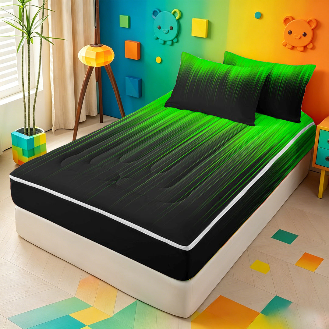 meiyoeat line Geometric Print Zipper Full Size Comforter Sets with Fitted Sheet and 2 Pillowcases,Black Green Neon Striped Zipper Bedding Set,Reversible,4 Pieces