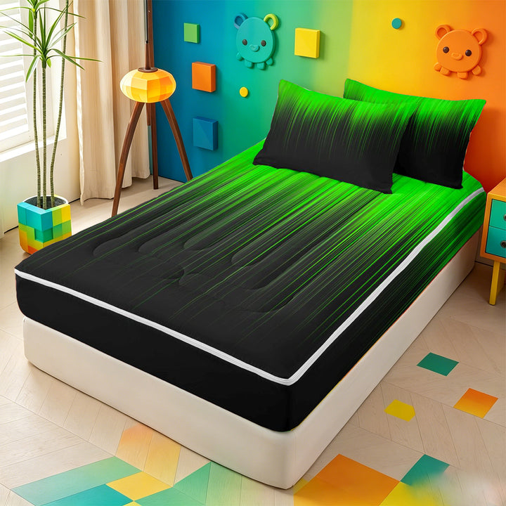 meiyoeat line Geometric Print Zipper Full Size Comforter Sets with Fitted Sheet and 2 Pillowcases,Black Green Neon Striped Zipper Bedding Set,Reversible,4 Pieces