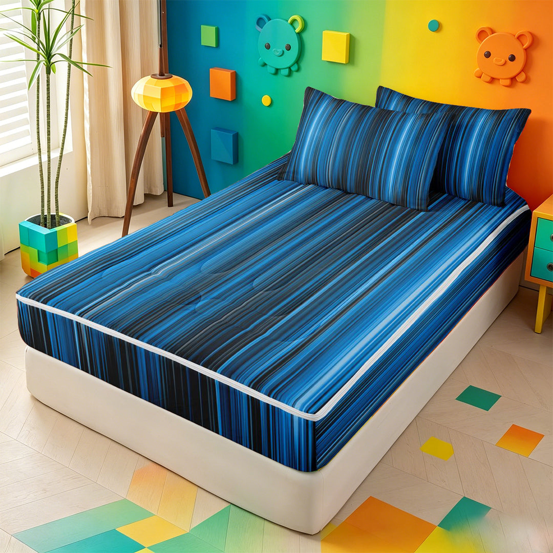 meiyoeat gradient Lines Texture Zipper Full Size Comforter Sets with Fitted Sheet and 2 Pillowcases,Neon Blue Black Zipper Bedding Set,Reversible,4-Piece
