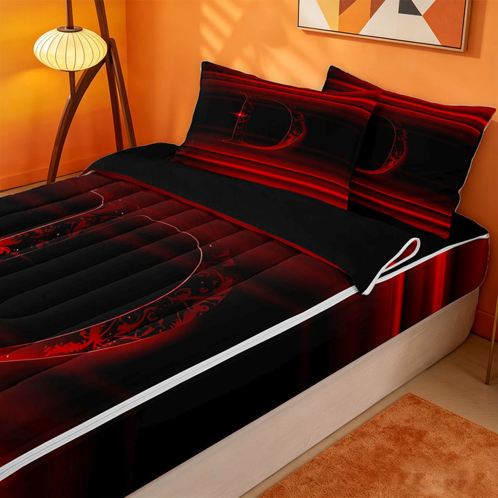 meiyoeat initial Ombre Art Zipper Full Size Comforter Sets with Fitted Sheet and 2 Pillowcases,Dark Monogram D Zipper Bedding Set,Black Reversible,4-Piece