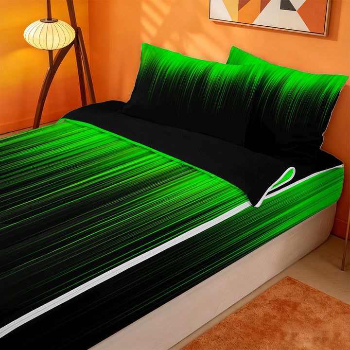 meiyoeat line Geometric Print Zipper Full Size Comforter Sets with Fitted Sheet and 2 Pillowcases,Black Green Neon Striped Zipper Bedding Set,Reversible,4 Pieces