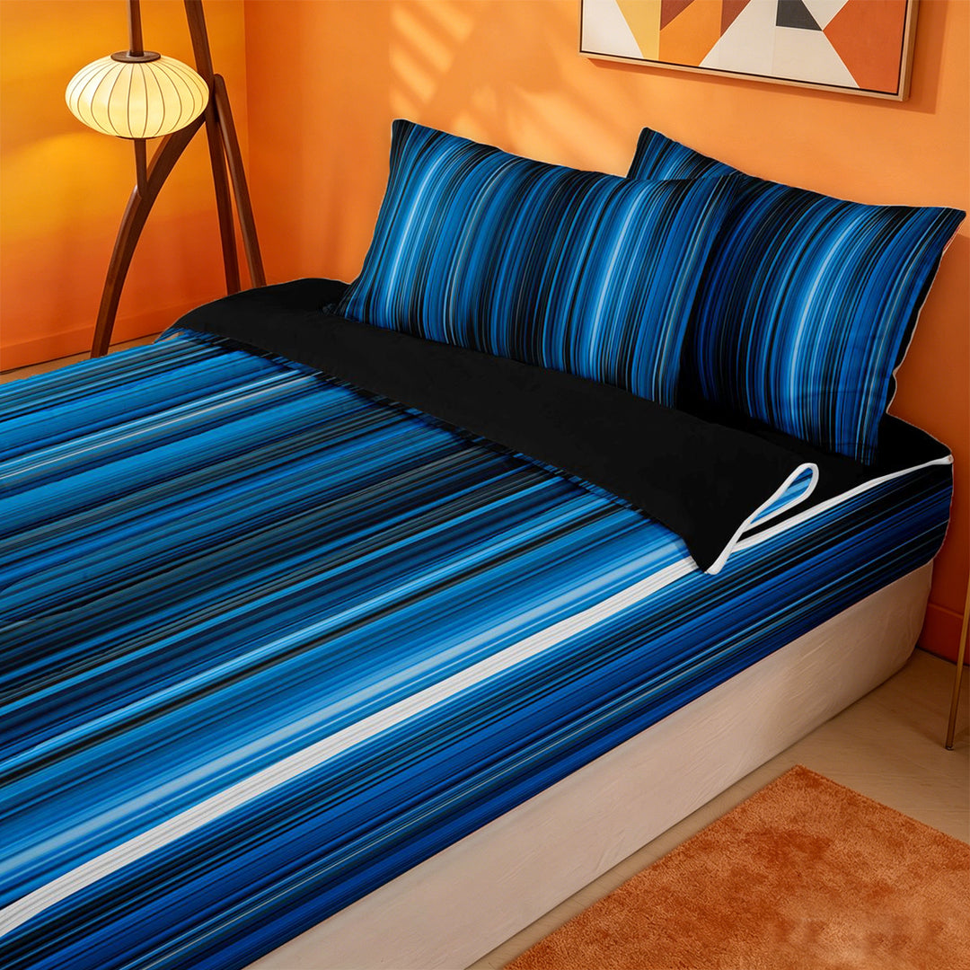 meiyoeat gradient Lines Texture Zipper Full Size Comforter Sets with Fitted Sheet and 2 Pillowcases,Neon Blue Black Zipper Bedding Set,Reversible,4-Piece