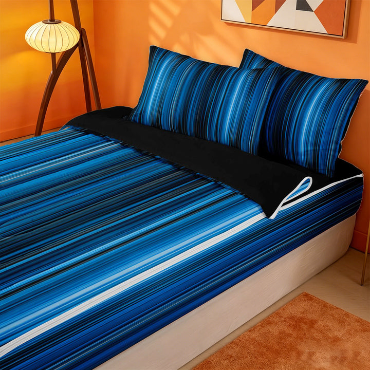 meiyoeat gradient Lines Texture Zipper Full Size Comforter Sets with Fitted Sheet and 2 Pillowcases,Neon Blue Black Zipper Bedding Set,Reversible,4-Piece