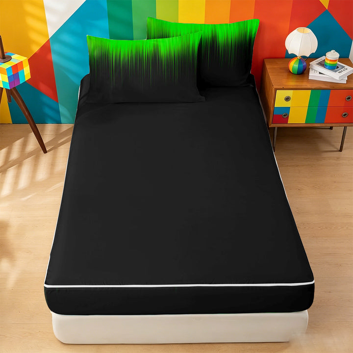 meiyoeat line Geometric Print Zipper Full Size Comforter Sets with Fitted Sheet and 2 Pillowcases,Black Green Neon Striped Zipper Bedding Set,Reversible,4 Pieces