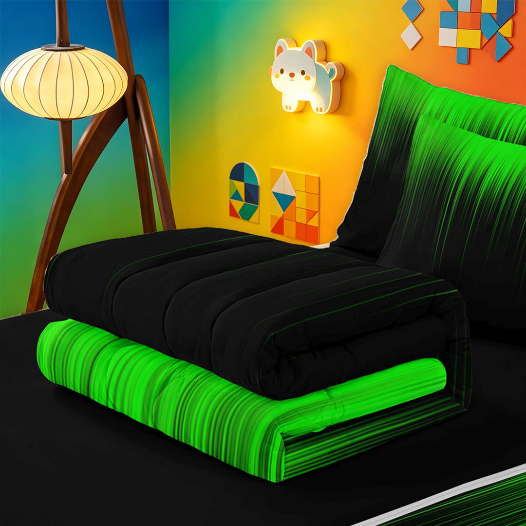 meiyoeat line Geometric Print Zipper Full Size Comforter Sets with Fitted Sheet and 2 Pillowcases,Black Green Neon Striped Zipper Bedding Set,Reversible,4 Pieces