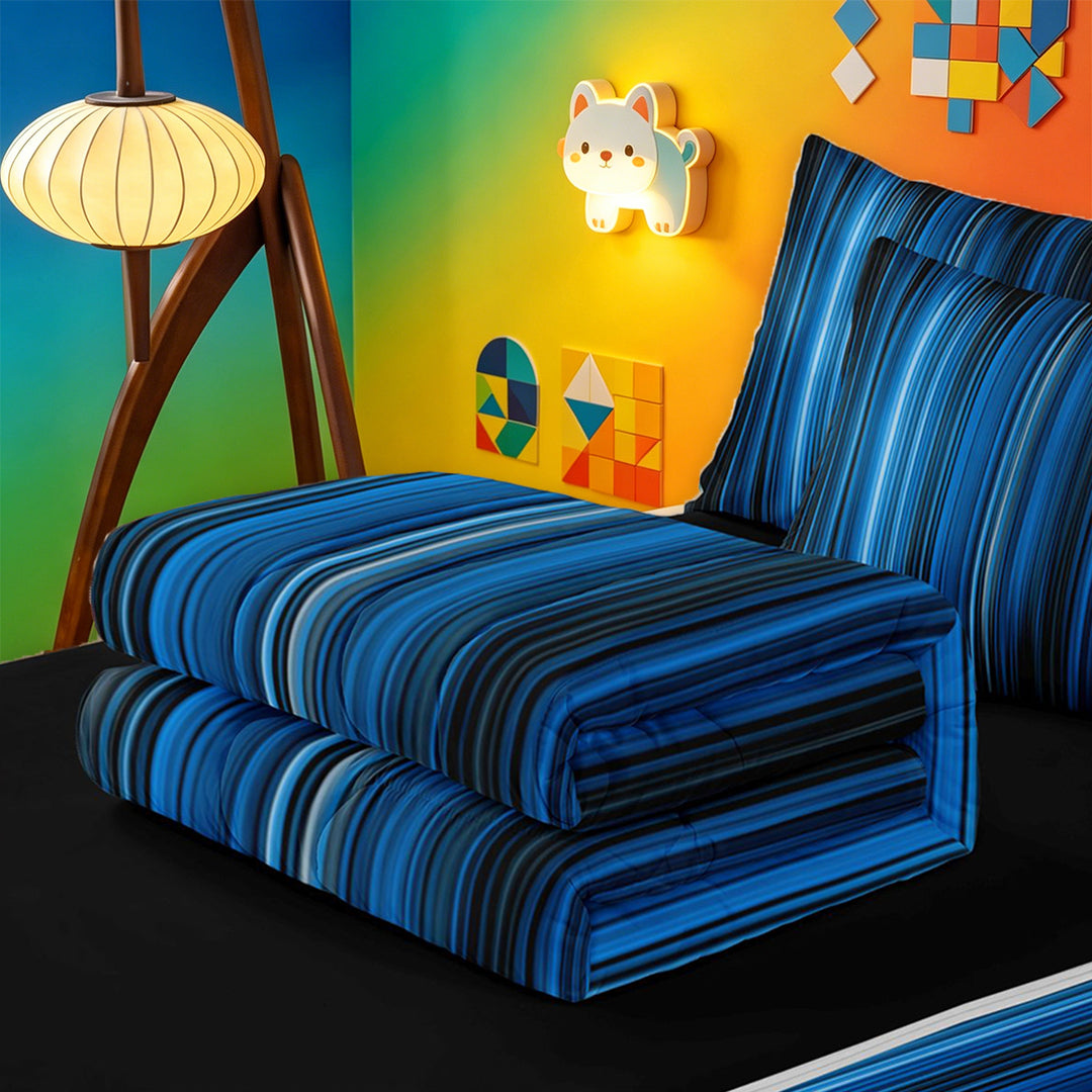 meiyoeat gradient Lines Texture Zipper Full Size Comforter Sets with Fitted Sheet and 2 Pillowcases,Neon Blue Black Zipper Bedding Set,Reversible,4-Piece
