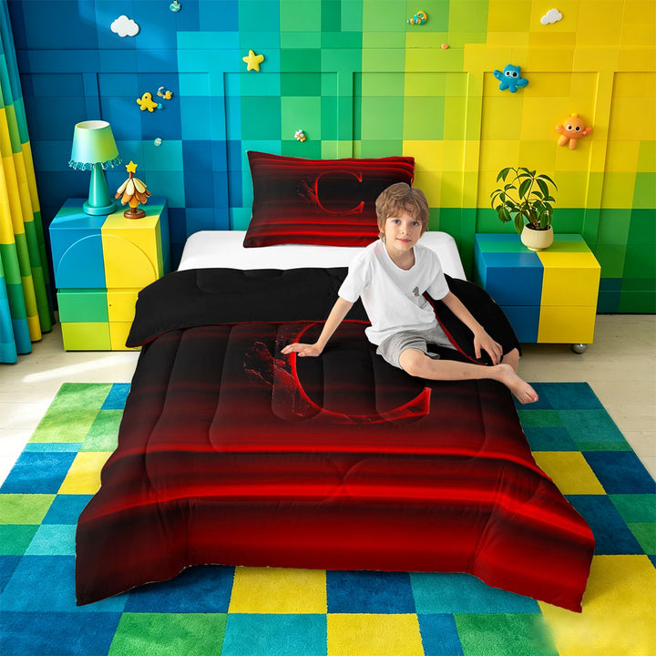meiyoeat modern Letter Design Full Size Comforter Sets,Black Red Initial C Bedding Comforter Set,Black Reversible,3-Piece,1 Comforter and 2 Pillowcases