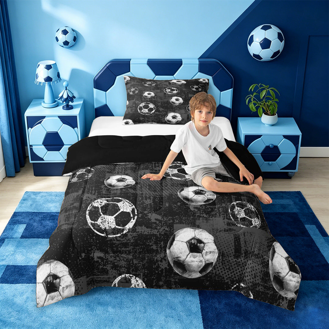 meiyoeat Vintage Graffiti Football Pattern Full Size Comforter Sets For Kids,Boys Ball Games Bedding Comforter Set For Soccer Lovers,Black Reversible,3-Piece