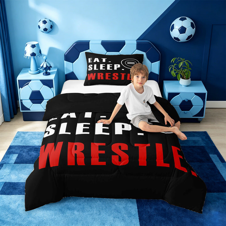 meiyoeat Wrestle Sport Full Size Comforter Sets For Boys,Modern Minimalist Style Bedding Comforter Set For Kids,Black Reversible,3 Pieces