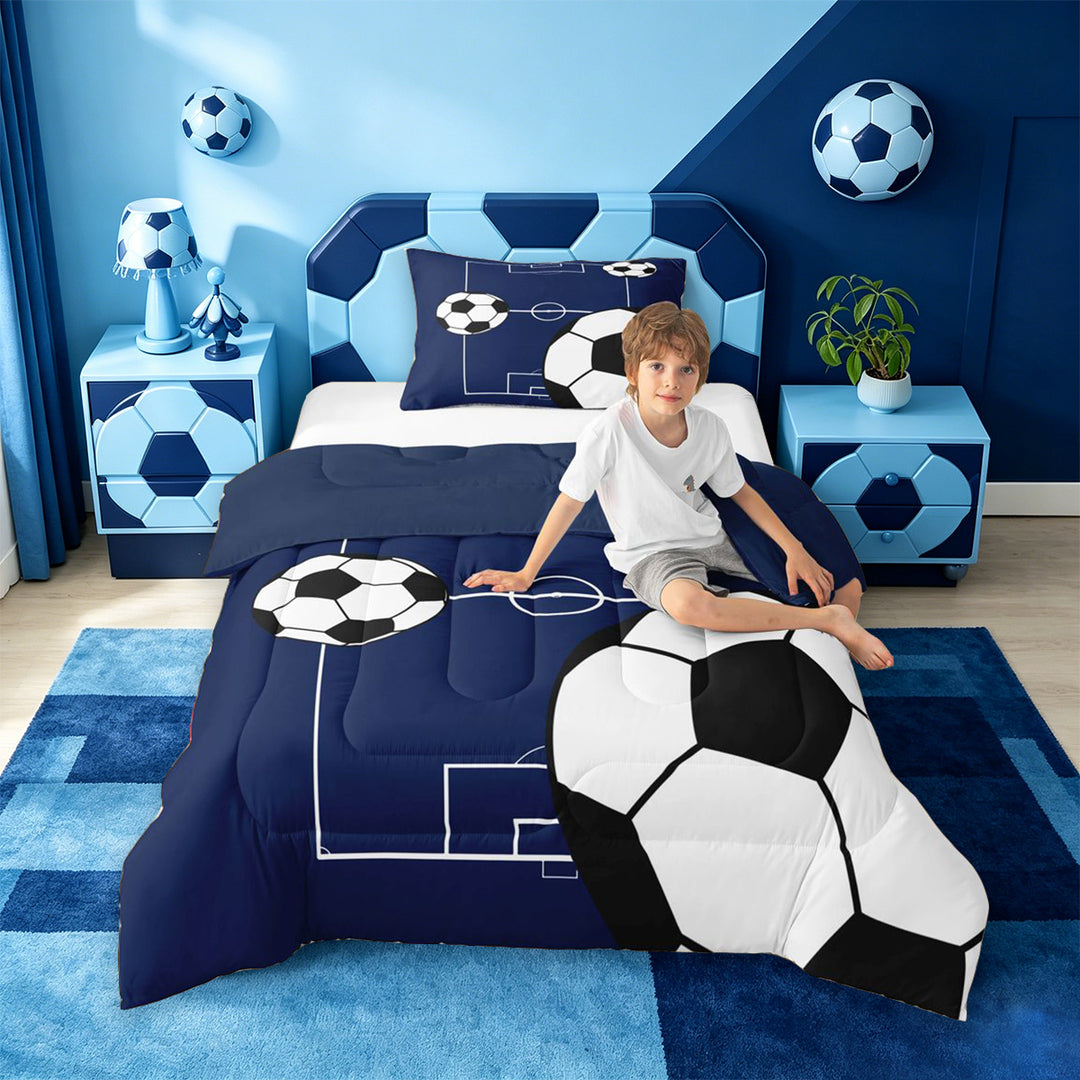 meiyoeat Football Ball Games Full Size Comforter Sets For Boys,Soccer Sport Theme Bedding Comforter Set For Kids,Navy Blue Reversible,3pcs