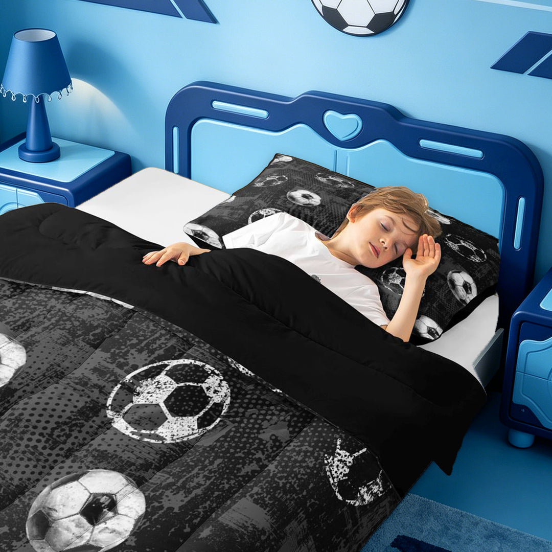 meiyoeat Vintage Graffiti Football Pattern Full Size Comforter Sets For Kids,Boys Ball Games Bedding Comforter Set For Soccer Lovers,Black Reversible,3-Piece