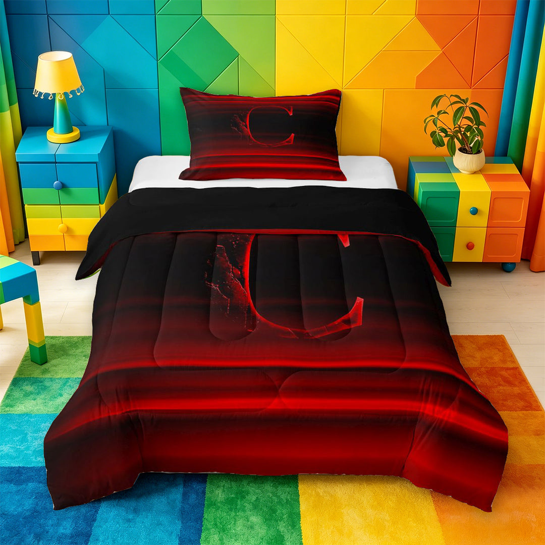 meiyoeat modern Letter Design Full Size Comforter Sets,Black Red Initial C Bedding Comforter Set,Black Reversible,3-Piece,1 Comforter and 2 Pillowcases